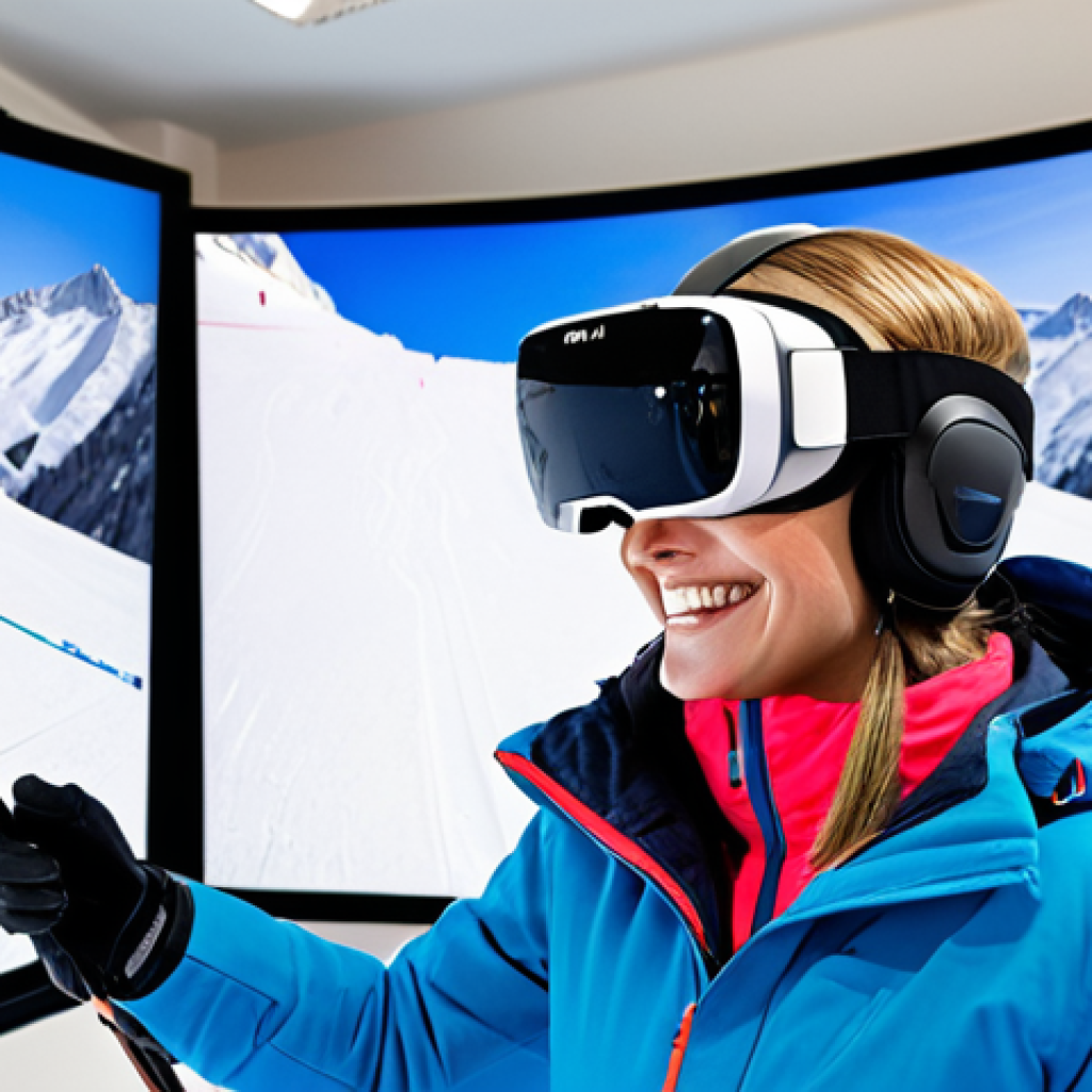 **A beginner skier using a VR Ski Simulator.** *Prompt:* A person in ski gear smiling, learning on a ski simulator with VR goggles. Display the simulation on a large screen, showing a beginner ski slope.