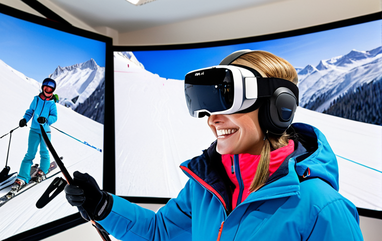 **A beginner skier using a VR Ski Simulator.** *Prompt:* A person in ski gear smiling, learning on a ski simulator with VR goggles. Display the simulation on a large screen, showing a beginner ski slope.