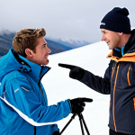 ** A seasoned ski instructor (mentor) warmly guiding a newer instructor (mentee) on a snowy slope. The mentor is pointing out specific techniques while the mentee listens attentively. Focus on conveying trust, encouragement, and the passing on of knowledge.

**