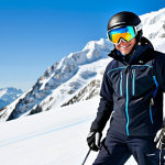 A professional ski instructor, fully clothed in a modest, modern, high-performance ski suit, helmet, and goggles, demonstrating a clear ski technique on a pristine, sunny Alpine mountain slope. The background features majestic snow-covered peaks under a clear blue sky, evoking a sense of international expertise. appropriate attire, professional dress, safe for work, appropriate content, family-friendly. perfect anatomy, correct proportions, natural pose, well-formed hands, proper finger count, natural body proportions, professional photography, high quality.